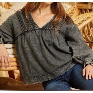 NEW Savanna Jane Western Denim V-Neck Top Women Size Med Long Sleeve Rustic Boho